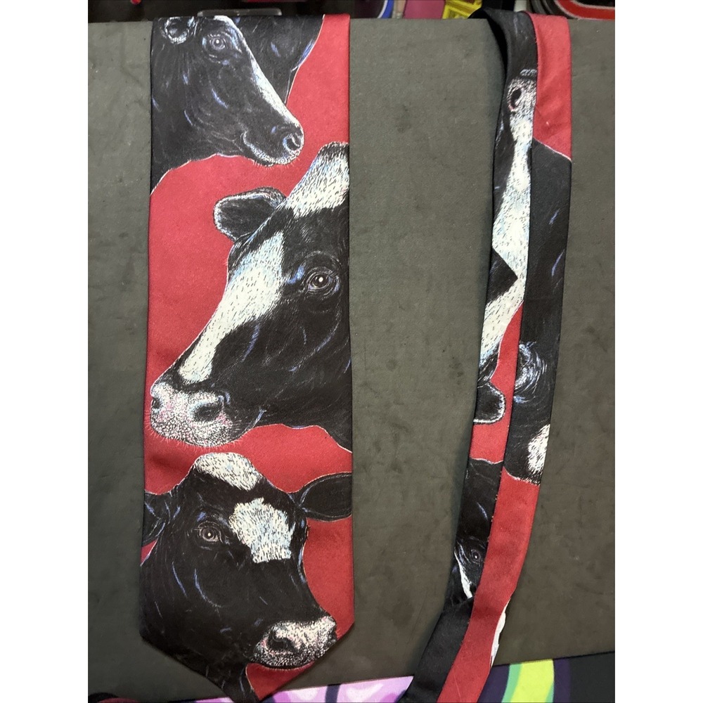 Vintage Ralph Marlin Blaine Heilman COW Tie 1988 Red/Black/White USA Poly